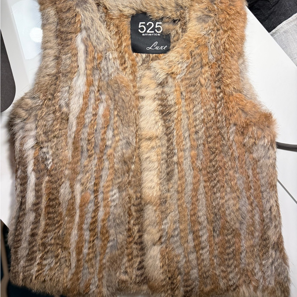 Luxe Striped Rabbit Fur Vest In Brown & Cream